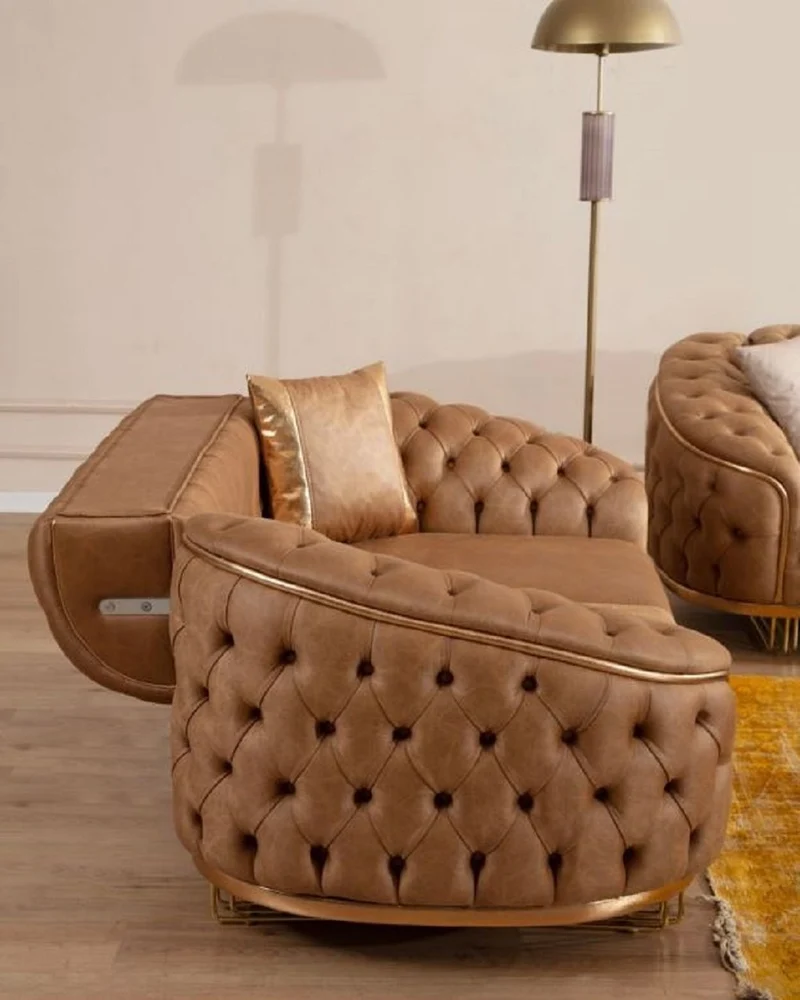Casa Padrino Luxus Chesterfield Wohnzimmer Set Vintage Braun / Messing - 2 Luxus Chesterfield Sofas & 2 Luxus Chesterfield Sessel - Wohnzimmer Möbel - Luxus Möbel - Chesterfield Möbel