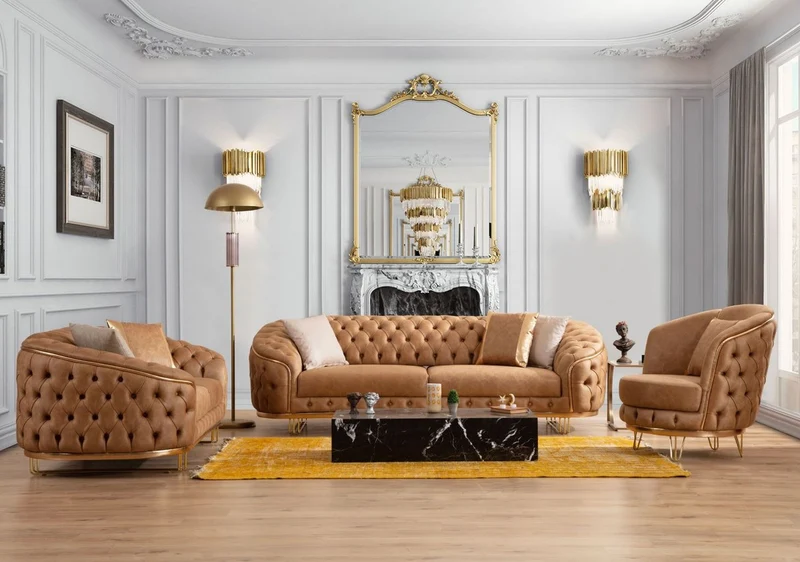 Casa Padrino Luxus Chesterfield Wohnzimmer Set Vintage Braun / Messing - 2 Luxus Chesterfield Sofas & 2 Luxus Chesterfield Sessel - Wohnzimmer Möbel - Luxus Möbel - Chesterfield Möbel