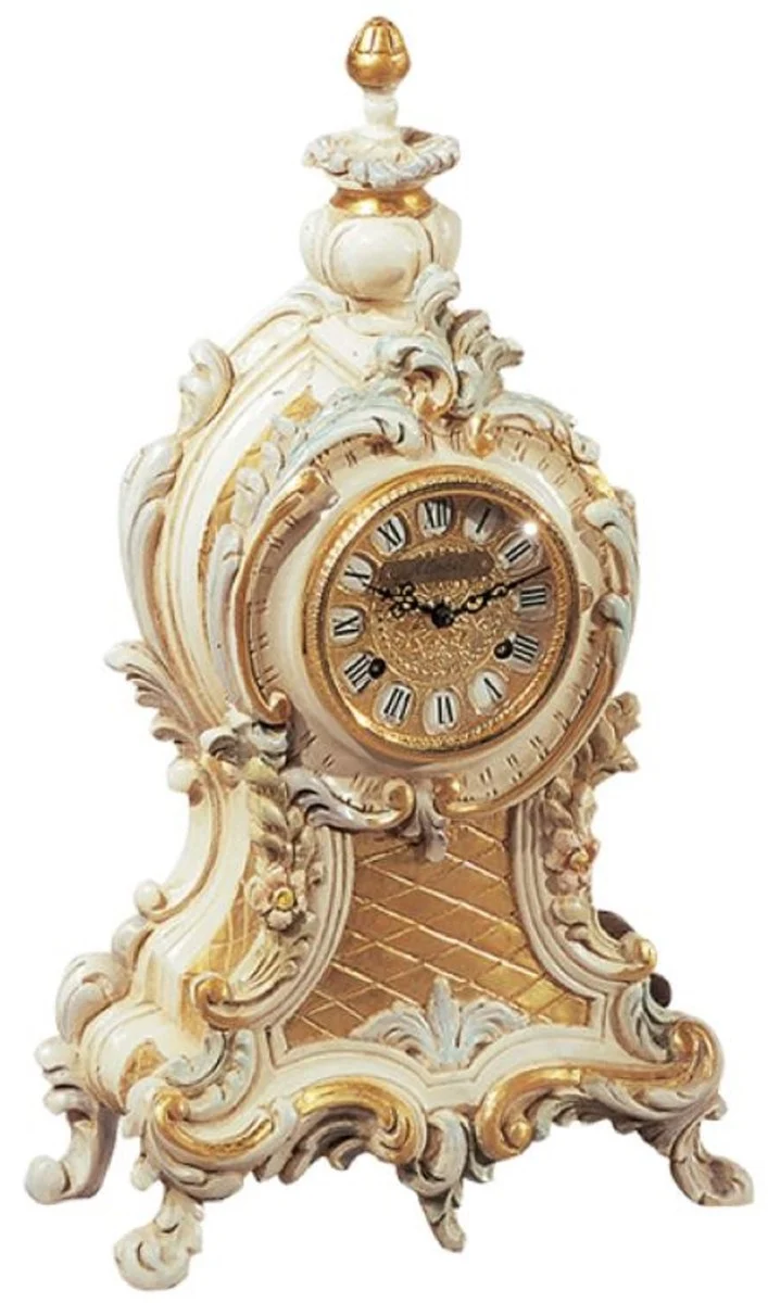 Casa Padrino Luxus Barock Tischuhr Creme / Weiß / Gold - Prunkvolle Barockstil Uhr - Handgeschnitzte Barock Schreibtischuhr - Luxus Qualität - Made in Italy