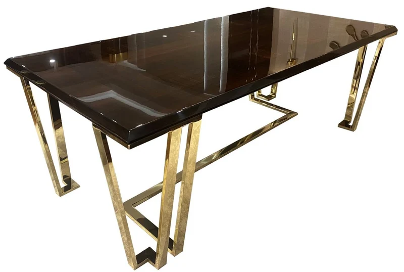 Casa Padrino Luxus Art Deco Esstisch Dunkelbraun / Gold 220 x 110 x H. 77 cm - Edler Esszimmertisch mit Glasplatte - Art Deco Esszimmer Möbel