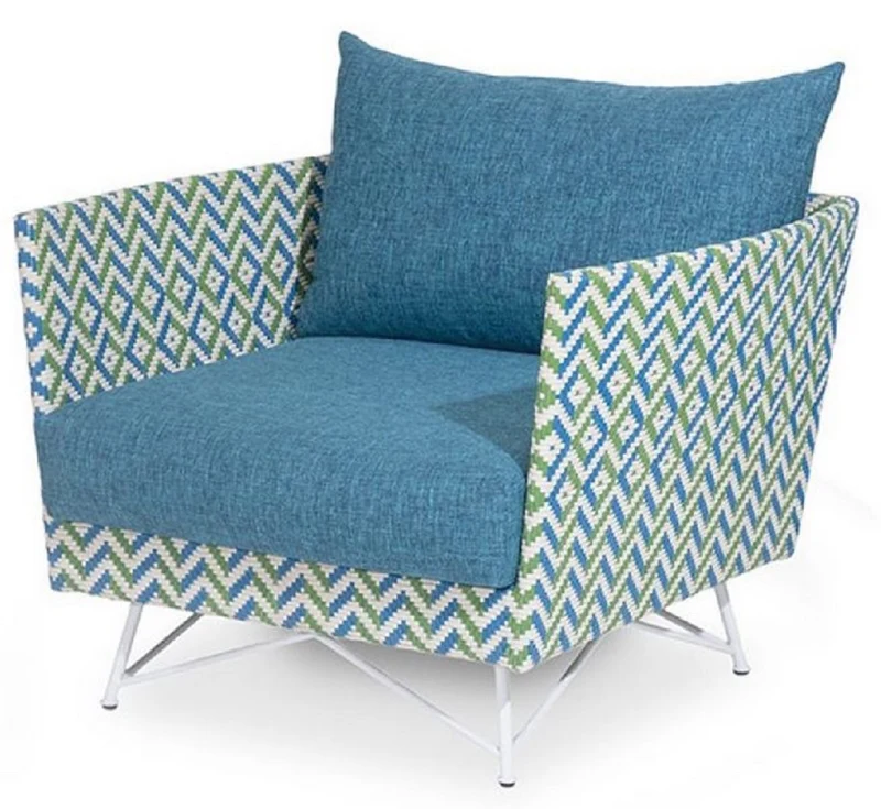 Casa Padrino Luxus Gartensessel Blau / Grün / Weiß 100 x 86 x H. 70 cm - Handgewebter Wetterbeständiger Sessel - Garten Terrassen Hotel Pool Sessel Möbel - Luxus Qualität