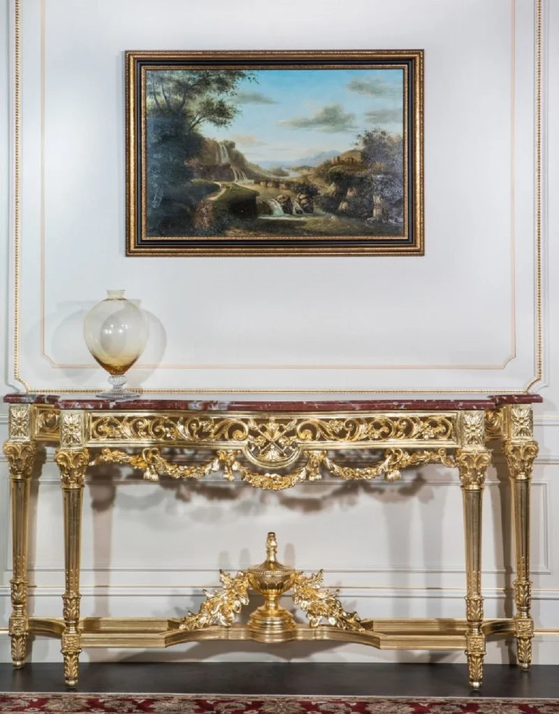 Casa Padrino Luxus Barock Konsole Gold / Rot 200 x 48 x H. 93 cm - Prunkvoller handgeschnitzter Konsolentisch mit Marmorplatte - Hotel Restaurant Schloss Möbel - Luxus Qualität - Made in Italy