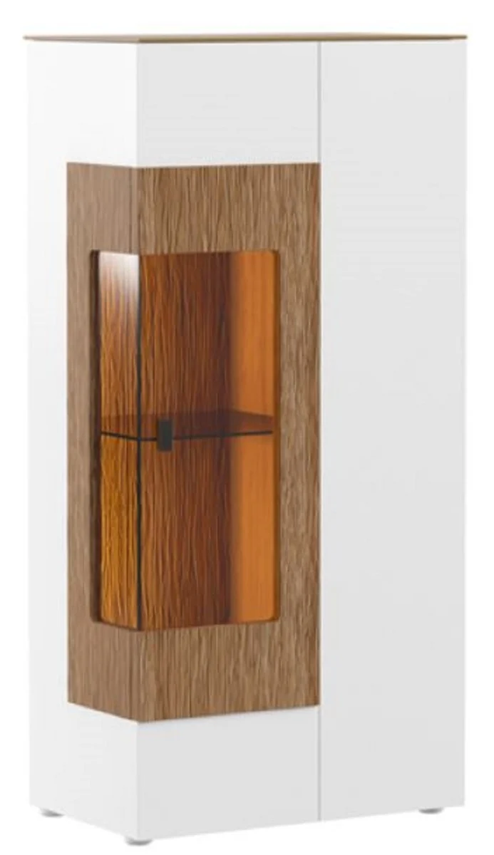 Casa Padrino Eckvitrine Weiß / Braun 65,8 x 40 x H. 138,3 cm - Moderner Beleuteter Massivholz Vitrinenschrank - Wohnzimmer Schrank - Wohnzimmer Möbel