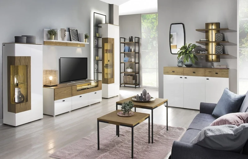 Casa Padrino Eckvitrine Weiß / Braun 65,8 x 40 x H. 138,3 cm - Moderner Beleuteter Massivholz Vitrinenschrank - Wohnzimmer Schrank - Wohnzimmer Möbel