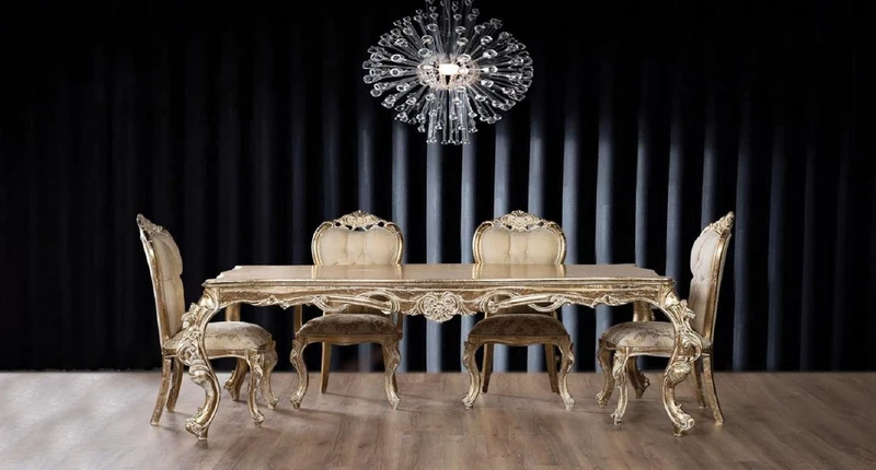 Casa Padrino Luxus Barock Esszimmer Set Beige / Gold / Antik Gold - 1 Barock Esstisch & 6 Barock Esszimmerstühle - Esszimmer Möbel im Barockstil - Edel & Prunkvoll