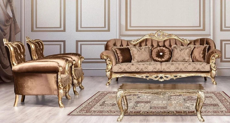 Casa Padrino Luxus Barock Wohnzimmer Set Braun / Antik Gold - 2 Barock Sofas mit Muster & 2 Barock Sessel mit Muster & 1 Barock Couchtisch - Barock Wohnzimmer Möbel