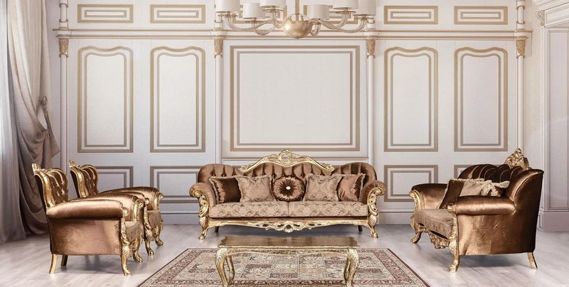 Casa Padrino Luxus Barock Wohnzimmer Set Braun / Antik Gold - 2 Barock Sofas mit Muster & 2 Barock Sessel mit Muster & 1 Barock Couchtisch - Barock Wohnzimmer Möbel