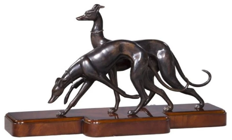 Casa Padrino Luxus Bronzefiguren mit Holzsockel Windhunde Bronze / Braun 76 x 22 x H. 43 cm - Luxus Dekofiguren