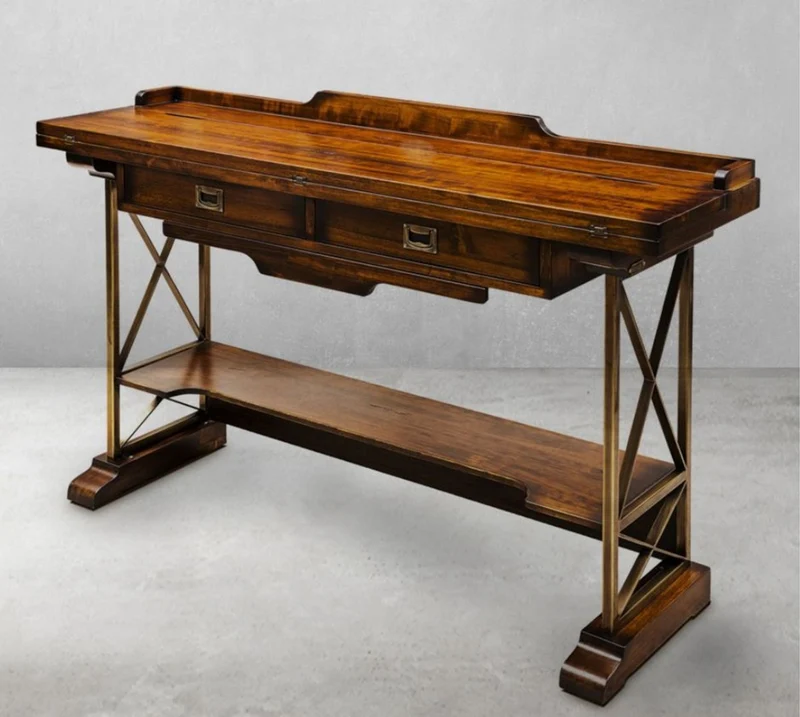Casa Padrino Luxus Vintage Stil Konsole Braun / Messing 140 x 40 x H. 89 cm - Massivholz Konsolentisch mit 2 Schubladen - Massivholz Möbel - Vintage Stil Möbel - Luxus Möbel