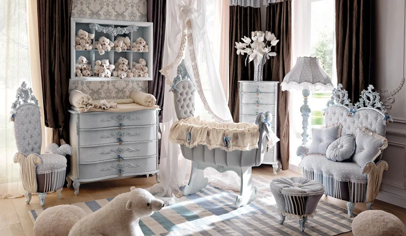 Casa Padrino Luxus Barock Kindersessel Grau / Mehrfarbig / Hellblau - Prunkvoller Kinderzimmer Sessel im Barockstil - Barock Kinderzimmer Möbel - Erstklassische Qualität - Made in Italy