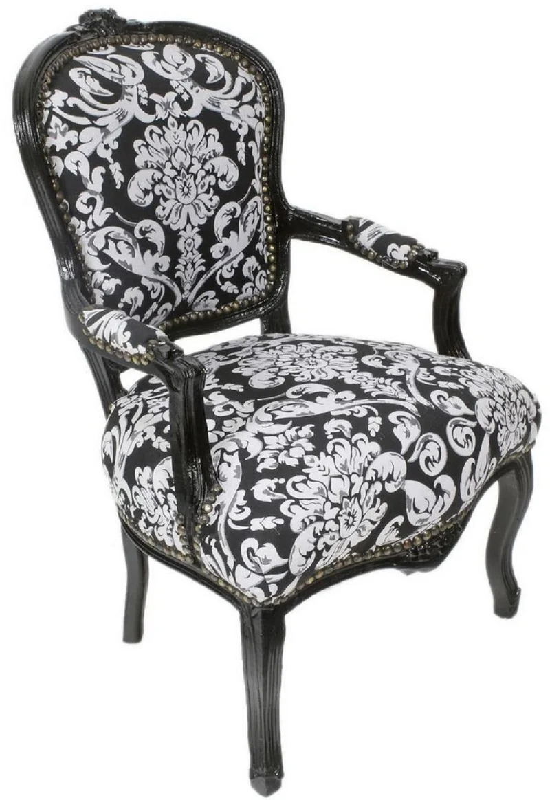 Casa Padrino Barock Salon Stuhl mit Armlehnen und elegantem Muster Schwarz / Weiß 60 x 60 x H. 95 cm - Handgefertigter Antik Stil Stuhl - Möbel im Barockstil