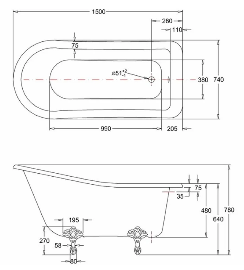 Casa Padrino Luxus Jugendstil Badewanne Weiß / Schwarz 150 x 75 x H. 78 cm - Freistehende Retro Acryl Badewanne - Retro Badezimmer Möbel