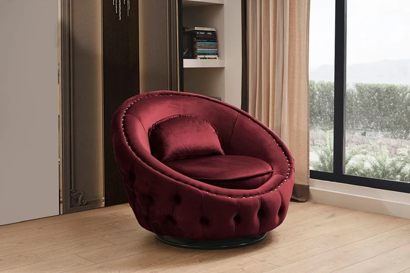 Casa Padrino Luxus Chesterfield Drehsessel Bordeauxrot Ø 90 cm - Moderner Chesterfield Wohnzimmer Sessel - Luxus Chesterfield Wohnzimmer Möbel