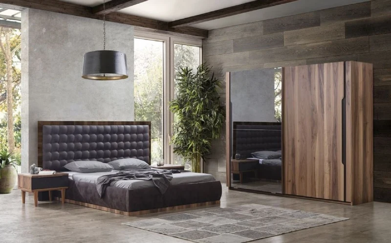 Casa Padrino Luxus Massivholz Schlafzimmer Set Grau / Braun - 1 Doppelbett mit Kopfteil & 2 Nachttische - Luxus Schlafzimmer Möbel