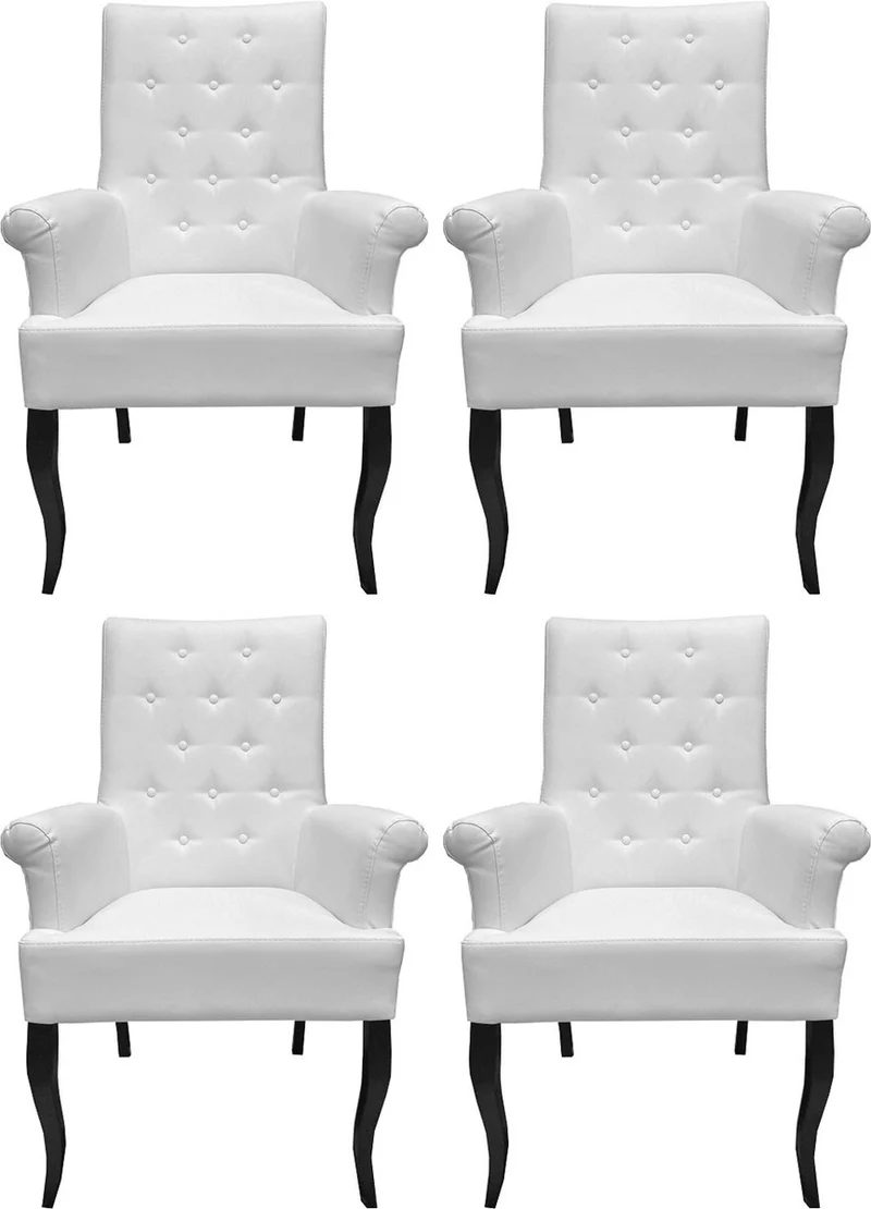 Casa Padrino Chesterfield Neo Barock Esszimmerstuhl 4er Set Weiß / Schwarz - Kunstleder Stühle mit Armlehnen - Barock Möbel