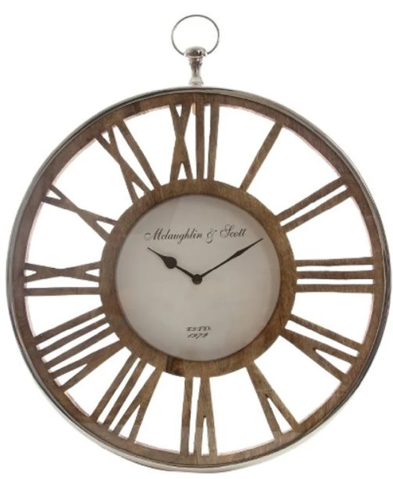 Casa Padrino Luxus Wanduhr im Design einer antiken Taschenuhr Silber / Naturfarben Ø 50 cm - Dekorative runde Uhr mit einem Ziffernblatt aus unbehandeltem Holz