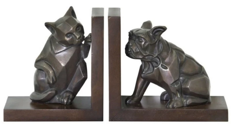 Casa Padrino Luxus Buchstützen Set Katze & Hund Bronze / Braun 18 x 18 x H. 10 cm - Deko Bronzefiguren mit Holzsockel