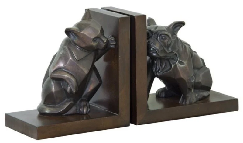 Casa Padrino Luxus Buchstützen Set Katze & Hund Bronze / Braun 18 x 18 x H. 10 cm - Deko Bronzefiguren mit Holzsockel