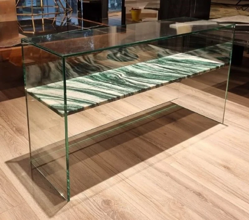 Casa Padrino Luxus Glas Konsole mit Marmor Regal Grün / Cremeweiß 90 cm