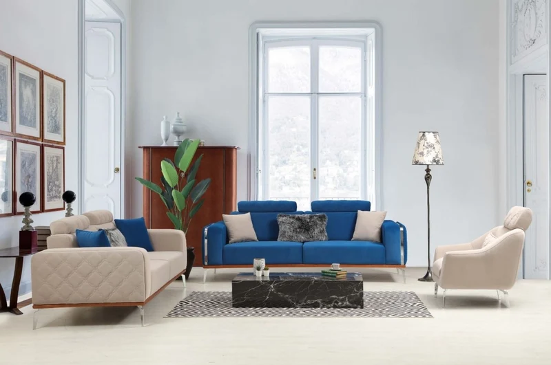 Casa Padrino Luxus Wohnzimmer Sofa mit verstellbarer Rückenlehne Blau / Braun / Silber 225 x 95 x H. 89 cm - Luxus Wohnzimmer Möbel