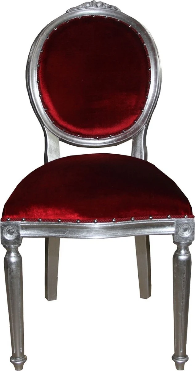 Casa Padrino Luxus Barock Esszimmer Set Medaillon Bordeauxrot / Silber 50 x 52 x H. 99 cm - 4 handgefertigte Esszimmerstühle - Barock Esszimmermöbel