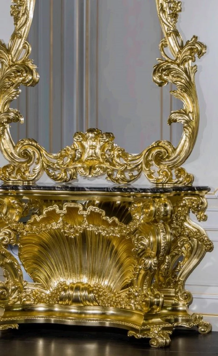 Casa Padrino Luxus Barock Möbel Set Konsole mit Spiegel Gold / Schwarz - Prunkvoller handgeschnitzter Konsolentisch mit Wandspiegel - Hotel Restaurant Schloss Möbel - Luxus Qualität - Made in Italy
