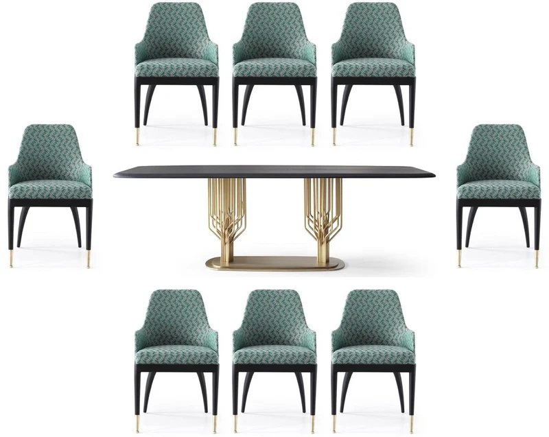 Casa Padrino Luxus Esszimmer Set Grün Muster / Schwarz / Messing - 1 Luxus Esstisch & 8 Luxus Esszimmerstühle - Esszimmer Möbel - Luxus Möbel - Luxus Kollektion