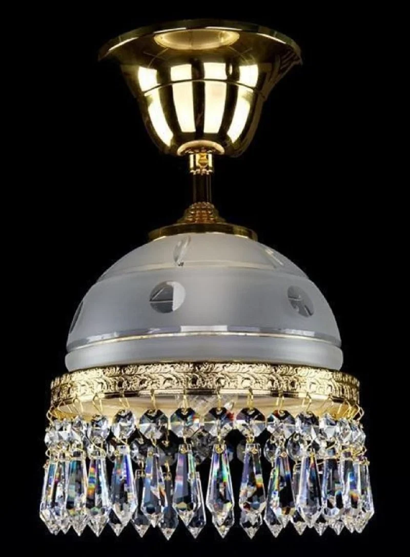 Casa Padrino Luxus Barock Messing Hängeleuchte Gold / Weiß Ø 16 x H. 18 cm - Prunkvolle Messing Hängelampe mit Böhmischem Kristallglas - Barock Kristall Leuchten