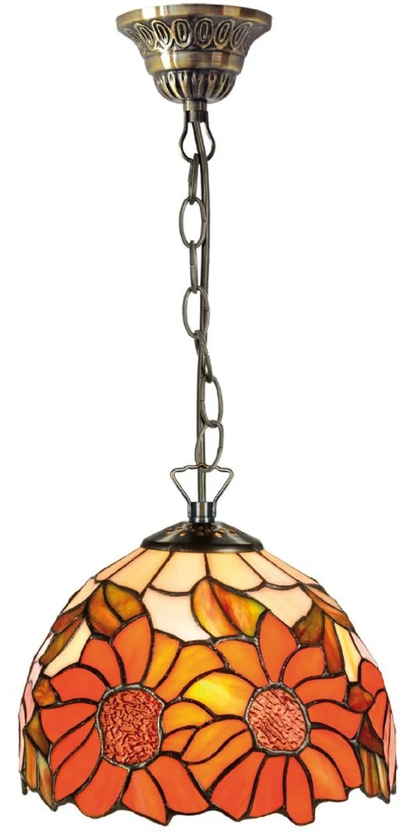 Casa Padrino Luxus Tiffany Hängeleuchte Sonnenblumen Orange / Mehrfarbig Ø 20 x H. 78 cm - Handgefertigte Pendelleuchte aus 135 Teilen
