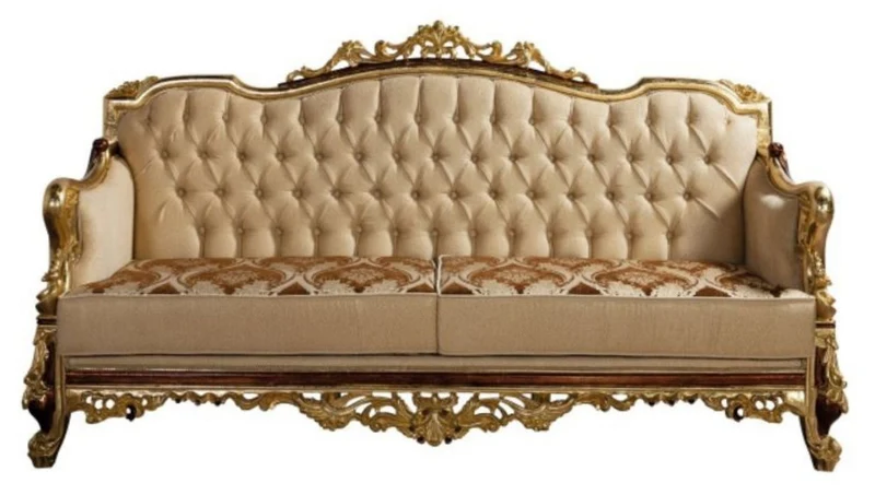 Casa Padrino Luxus Barock Sofa Beige / Braun / Gold - Prunkvolles Wohnzimmer Sofa mit Muster - Barock Wohnzimmer Möbel