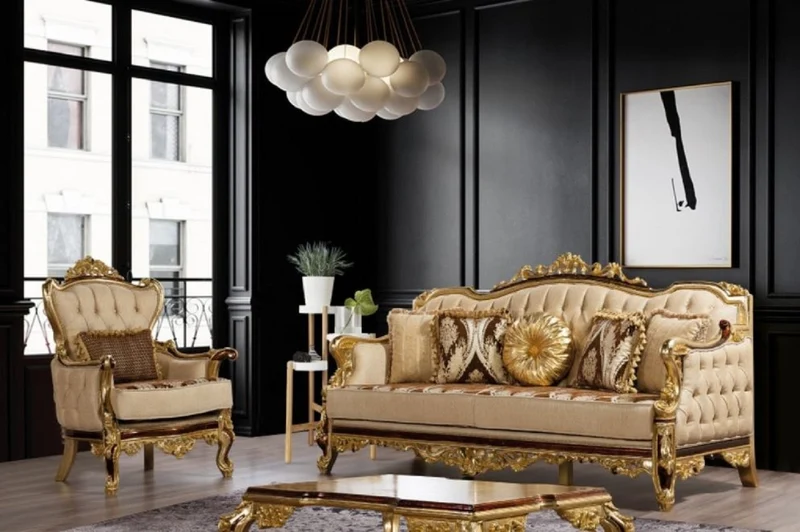 Casa Padrino Luxus Barock Sofa Beige / Braun / Gold - Prunkvolles Wohnzimmer Sofa mit Muster - Barock Wohnzimmer Möbel