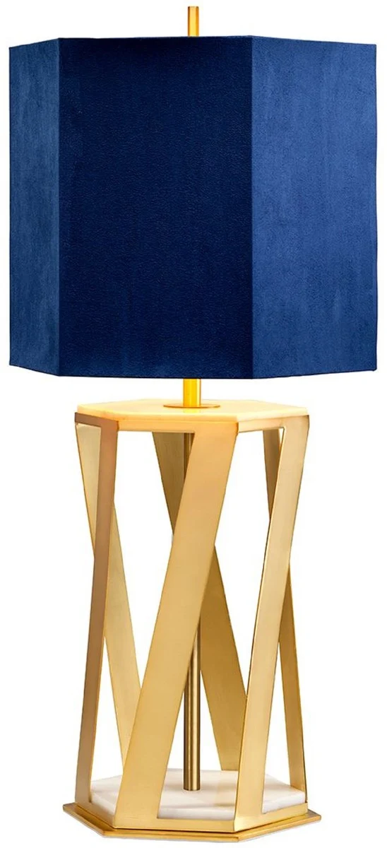 Casa Padrino Luxus Tischleuchte Messingfarben / Weiß / Blau 27,5 x 27,5 x H. 87 cm - Moderne Tischlampe mit Kunstseide Lampenschirm - Luxus Kollektion