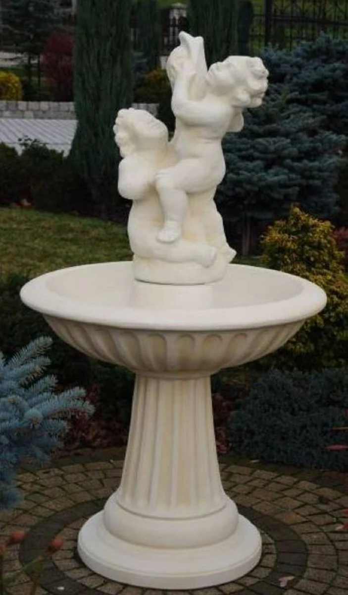 Casa Padrino Jugendstil Springbrunnen Kinder mit Fisch Weiß Ø 92 x H. 161 cm - Prunkvoller Gartenbrunnen - Gartendeko Brunnen - Barock & Jugendstil Garten Deko Accessoires