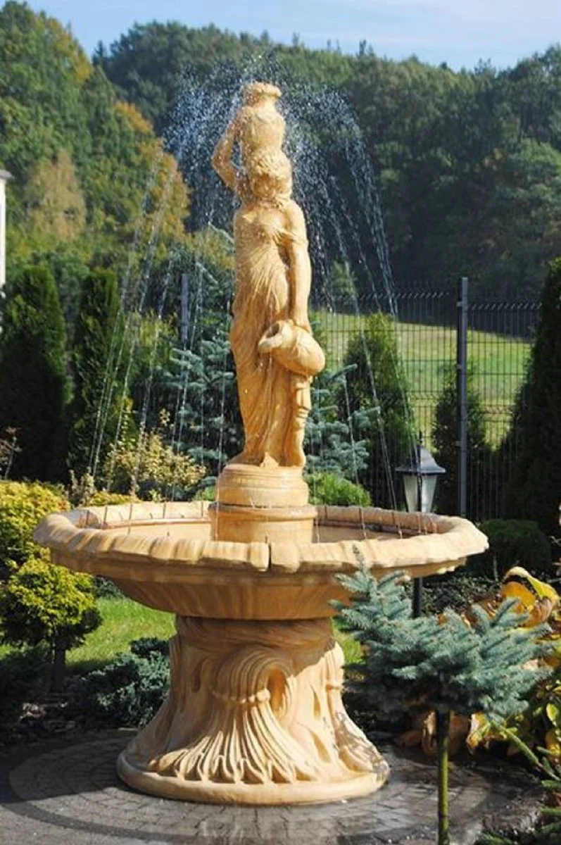Casa Padrino Jugendstil Springbrunnen Beige Ø 155 x H. 228 cm - Prunkvoller Gartenbrunnen - Gartendeko Brunnen - Barock & Jugendstil Garten Deko Accessoires