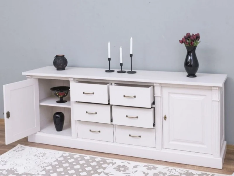Casa Padrino Landhausstil Sideboard Weiß 219 x 51 x H. 78 cm - Massivholz Schrank mit 2 Türen und 6 Schubladen - Landhausstil Massivholz Möbel