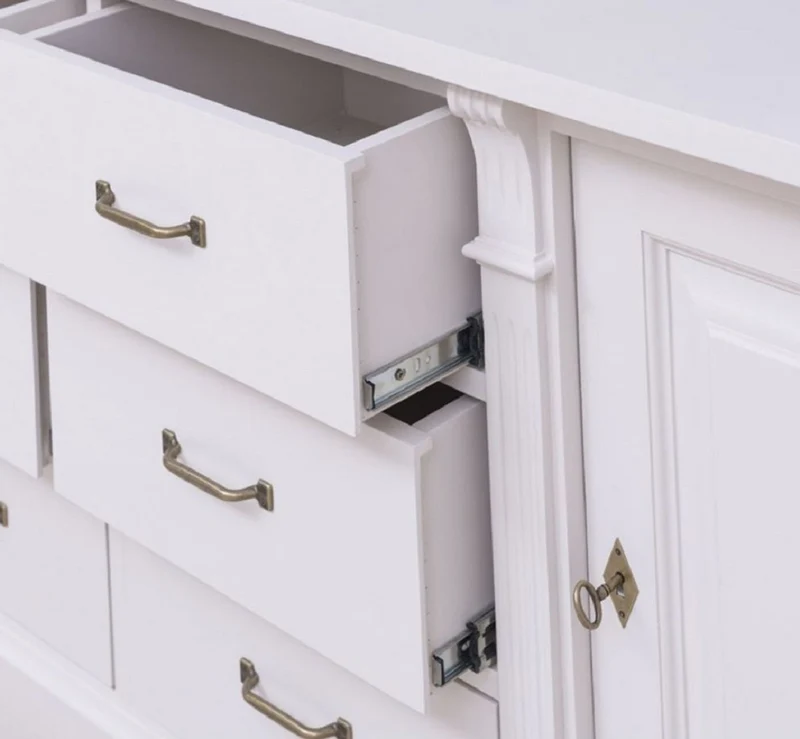 Casa Padrino Landhausstil Sideboard Weiß 219 x 51 x H. 78 cm - Massivholz Schrank mit 2 Türen und 6 Schubladen - Landhausstil Massivholz Möbel