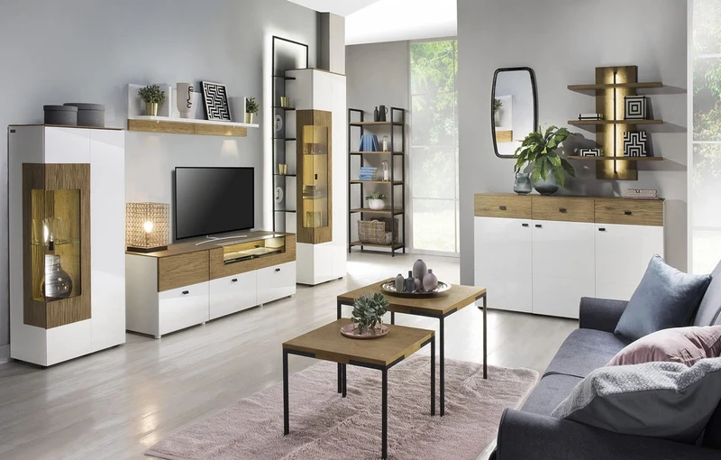 Casa Padrino TV Schrank Braun / Weiß 180 x 48 x H. 55 cm - Beleuchteter Massivholz Fernsehschrank mit Schubladen - Moderne Wohnzimmer Möbel