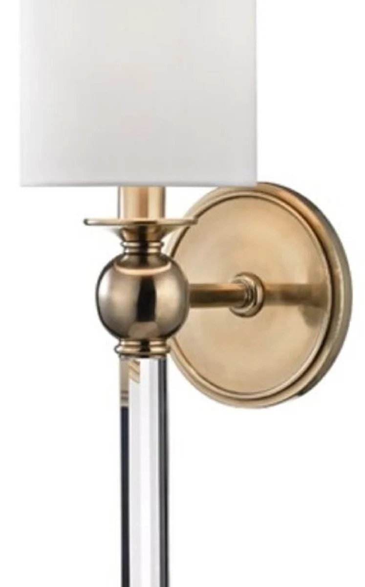 Casa Padrino Luxus Wandleuchte Antik Messingfarben / Weiß 12,7 x 17,2 x H. 56,5 cm - Wandlampe mit Kristallglas und rundem Seiden Lampenschirm