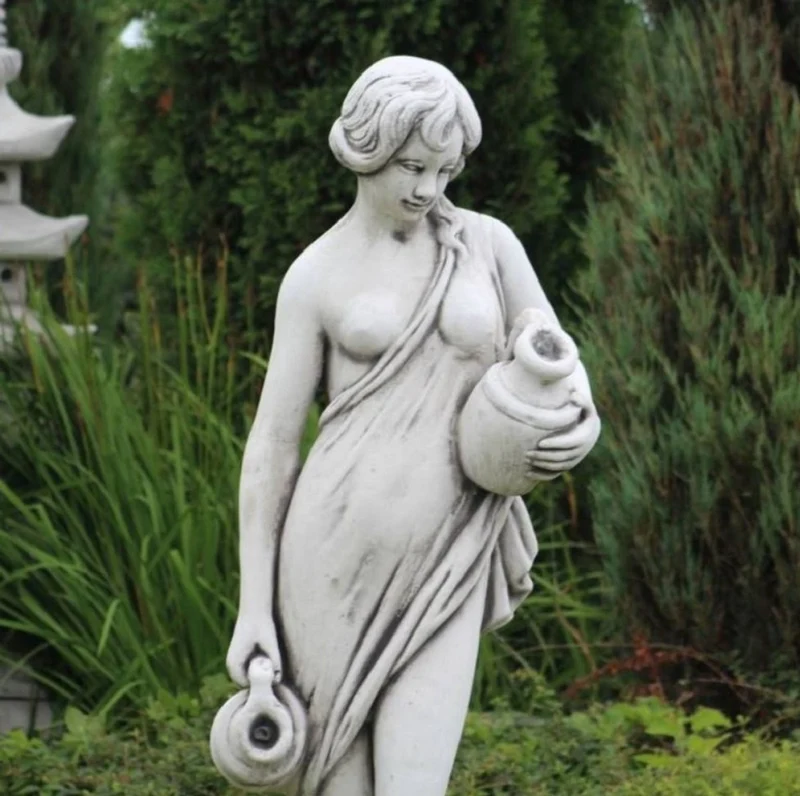 Casa Padrino Jugendstil Wasserspeier Skulptur Frau mit Krügen Grau H. 140 cm - Elegante Wasserspeier Stein Figur - Barock & Jugendstil Garten Deko Accessoires