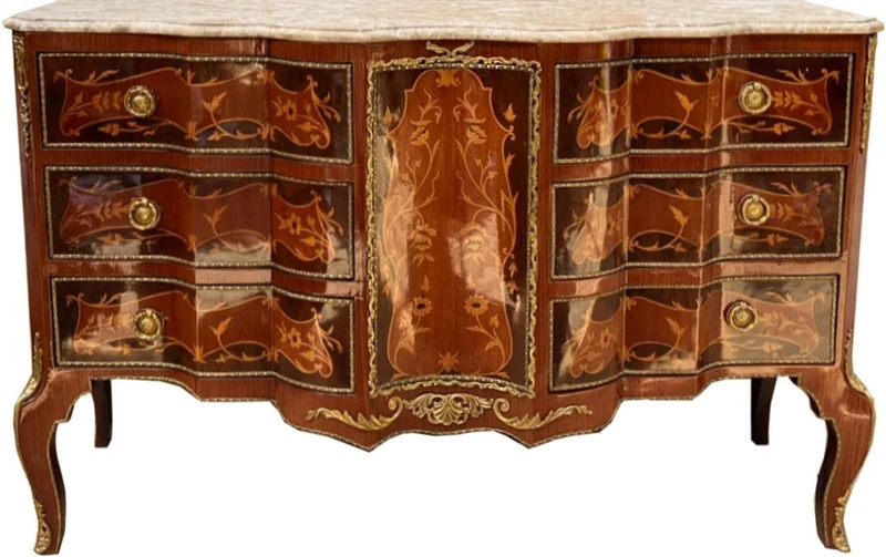 Casa Padrino Barock Kommode Braun / Gold / Creme 138 x 50 x H. 88 cm - Handgefertigte Massivholz Kommode mit 6 Schubladen und Marmorplatte