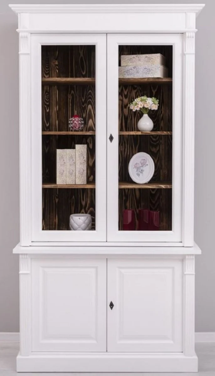 Casa Padrino Landhausstil Schrank Weiß / Dunkelbraun 120 x 50 x H. 228 cm - Massivholz Vitrine - Landhausstil Massivholz Möbel