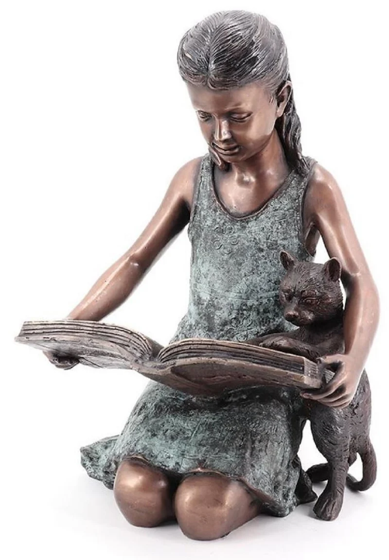 Casa Padrino Luxus Bronze Deko Skulptur Mädchen mit Katze Bronzefarben / Mintgrün 33 x 30 x H. 50 cm - Deko Figur - Wohnzimmer Deko - Schreibtisch Deko - Luxus Kollektion
