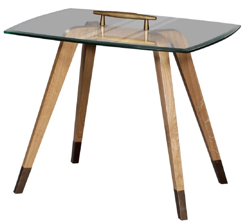Casa Padrino Luxus Beistelltisch Naturfarben / Braun / Messingfarben 60 x 40 x H. 53 cm - Moderner Tisch mit Glasplatte und Tragegriff - Wohnzimmer Möbel - Luxus Kollektion