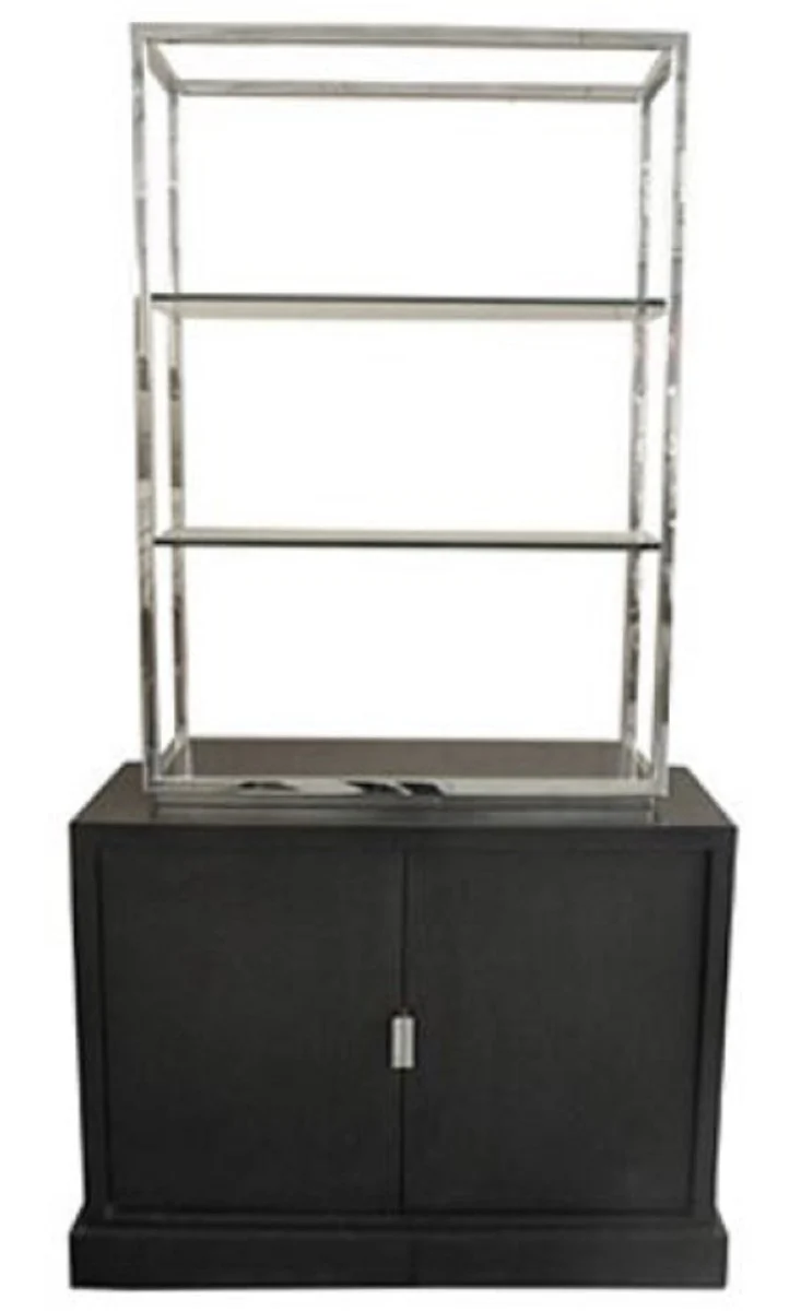 Casa Padrino Luxus Wohnzimmerschrank Schwarz / Silber 109 x 42 x H. 201 cm - Luxus Wohnzimmermöbel
