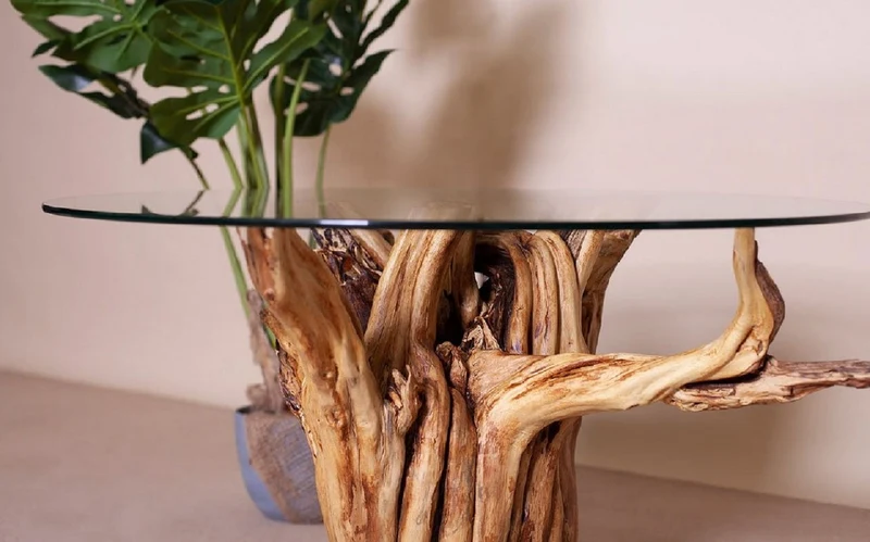 Casa Padrino Luxus Couchtisch mit Glasplatte Naturfarben / Schwarz Ø 90 cm