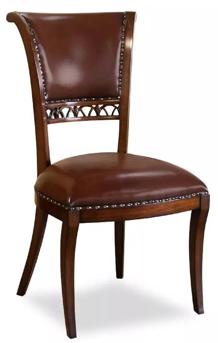 Casa Padrino Luxus Art Deco Leder Esszimmer Stuhl Dunkelbraun - Eleganter Massivholz Küchenstuhl mit edlem Echtleder - Esszimmer Möbel - Leder Möbel - Art Deco Möbel