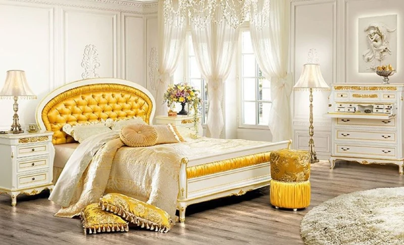 Casa Padrino Luxus Barock Doppelbett mit Glitzersteinen Gold / Weiß - Prunkvolles Massivholz Bett - Luxus Schlafzimmer Möbel im Barockstil - Barock Schlafzimmer Möbel - Edel & Prunkvoll