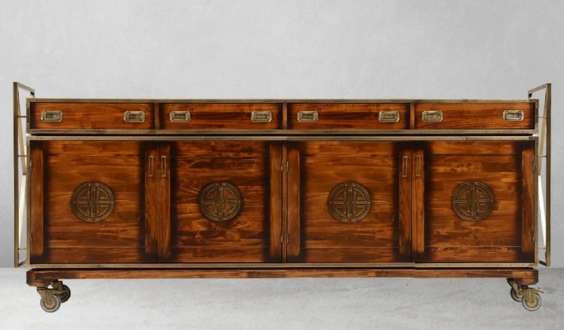 Casa Padrino Luxus Vintage Stil Sideboard mit 4 Schubladen und 4 Türen Braun / Messing 262 x 45,5 x H. 112 cm - Vintage Stil Schrank - Massivholz Möbel - Vintage Stil Möbel - Luxus Möbel