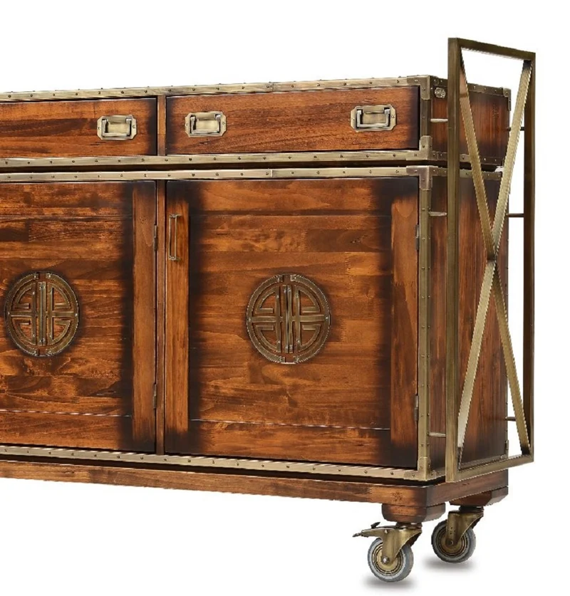 Casa Padrino Luxus Vintage Stil Sideboard mit 4 Schubladen und 4 Türen Braun / Messing 262 x 45,5 x H. 112 cm - Vintage Stil Schrank - Massivholz Möbel - Vintage Stil Möbel - Luxus Möbel