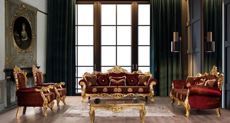 Casa Padrino Luxus Barock Sofa Bordeauxrot / Gold - Prunkvolles Wohnzimmer Sofa mit elegantem Muster - Barock Wohnzimmer Möbel